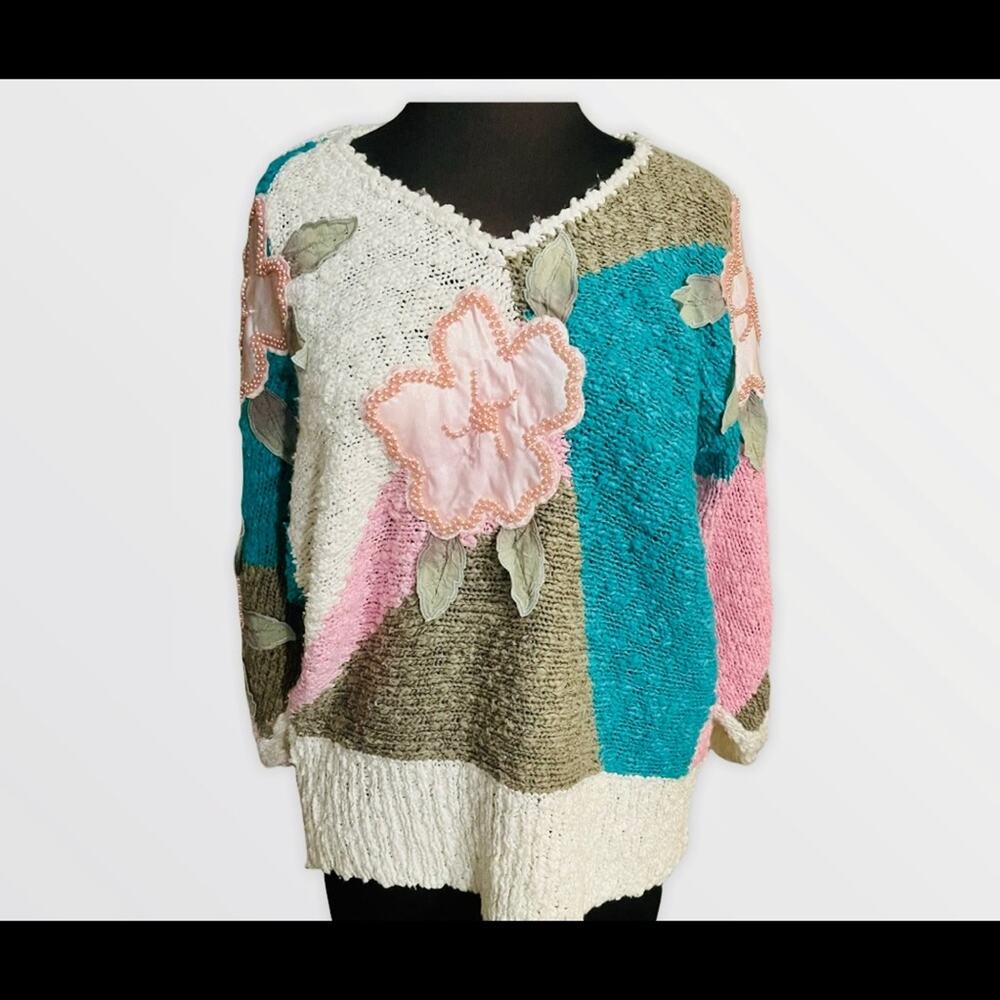 Vtg 80s Cottagecore Patchwork Cozy Nubby Knit Mixed Floral Fairy Sweater M